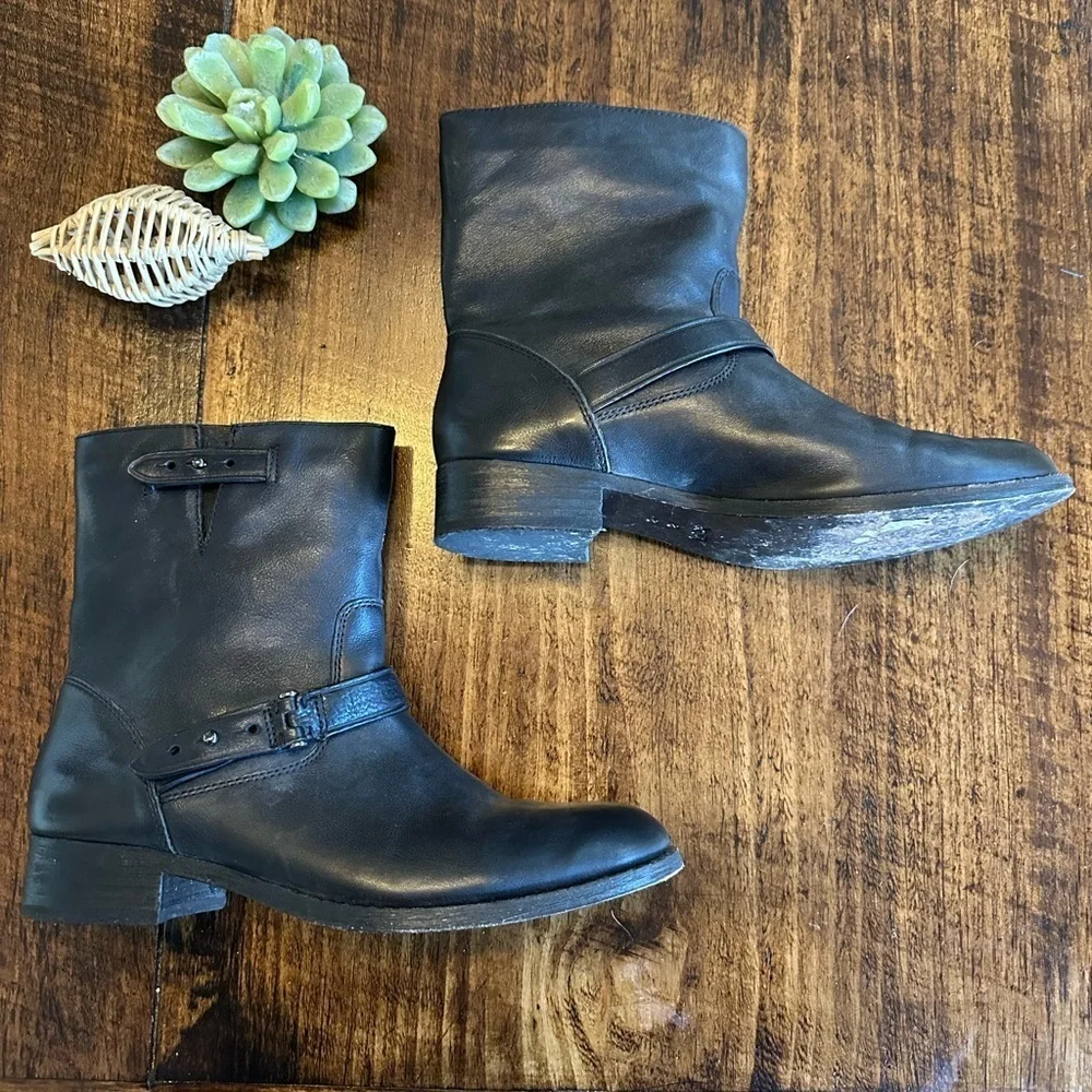 COACH | “Amy” Black Leather Buckle Short Moto Boot, Size 8B